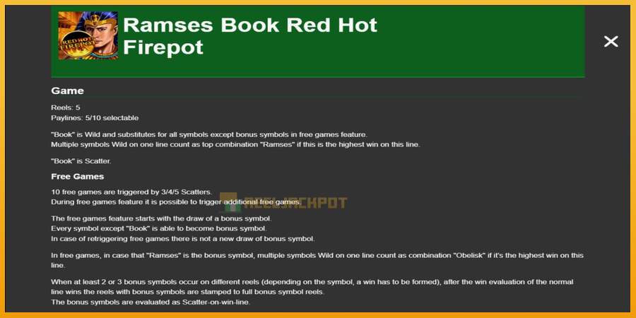 슬롯머신에서의 진정한 즐거움 Ramses Book Red Hot Firepot 돈을 위해, 그림 1